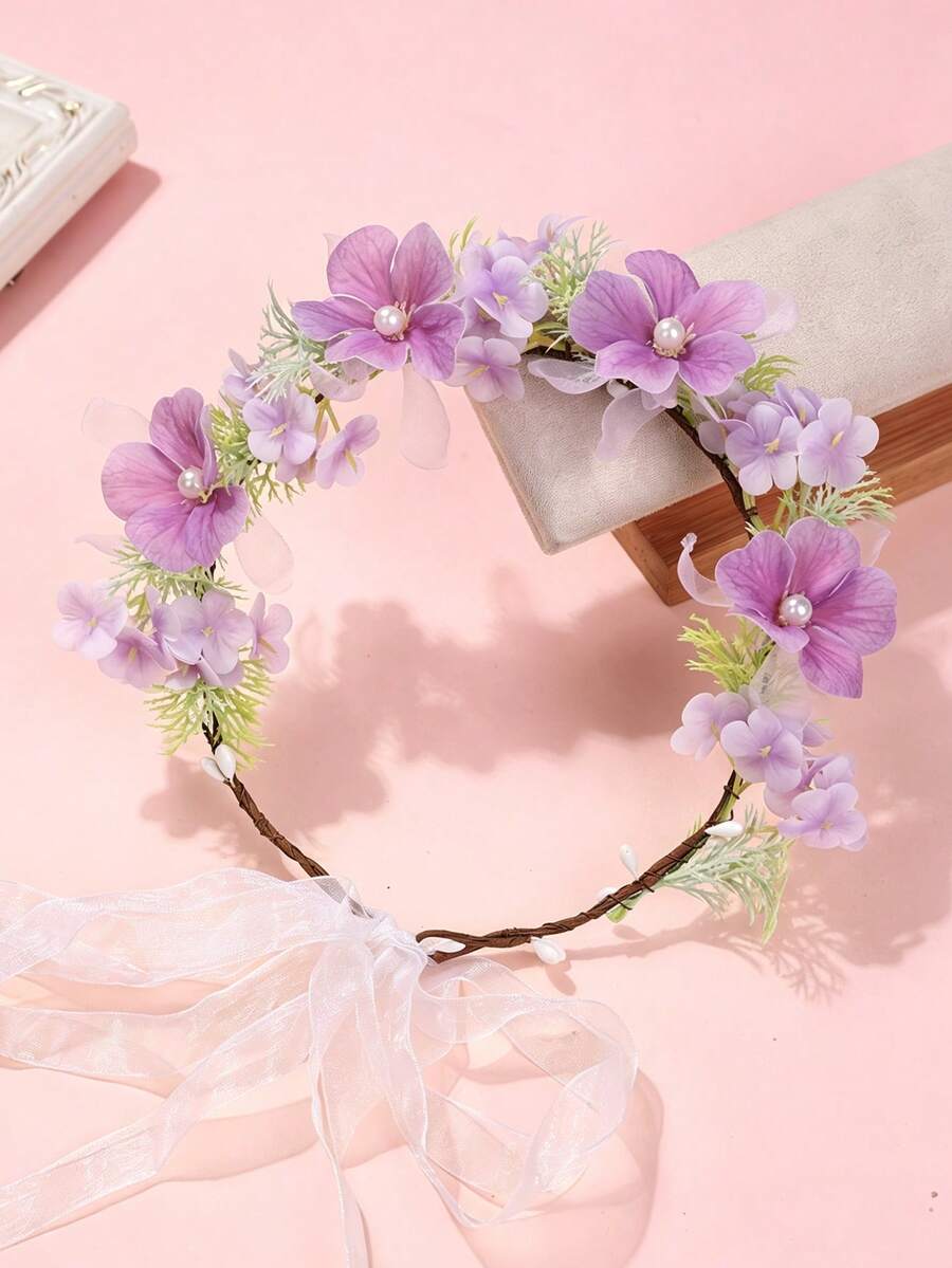 1件女孩歐美森系人造花環,仿真褶皺玫瑰花蕾花環,唯美繡球花與山茶花花冠,適合海灘旅行與拍照,仙女風可調節緞帶髮飾 - 紫色 - 查看 1