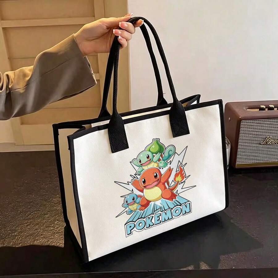 Miniso Pink Trim Off White Pokemon Starters Charmander Squirtle Bulbasaur Printed Canvas Tote Bag Women Anime Casual Shopping Handbag - Black - View 1