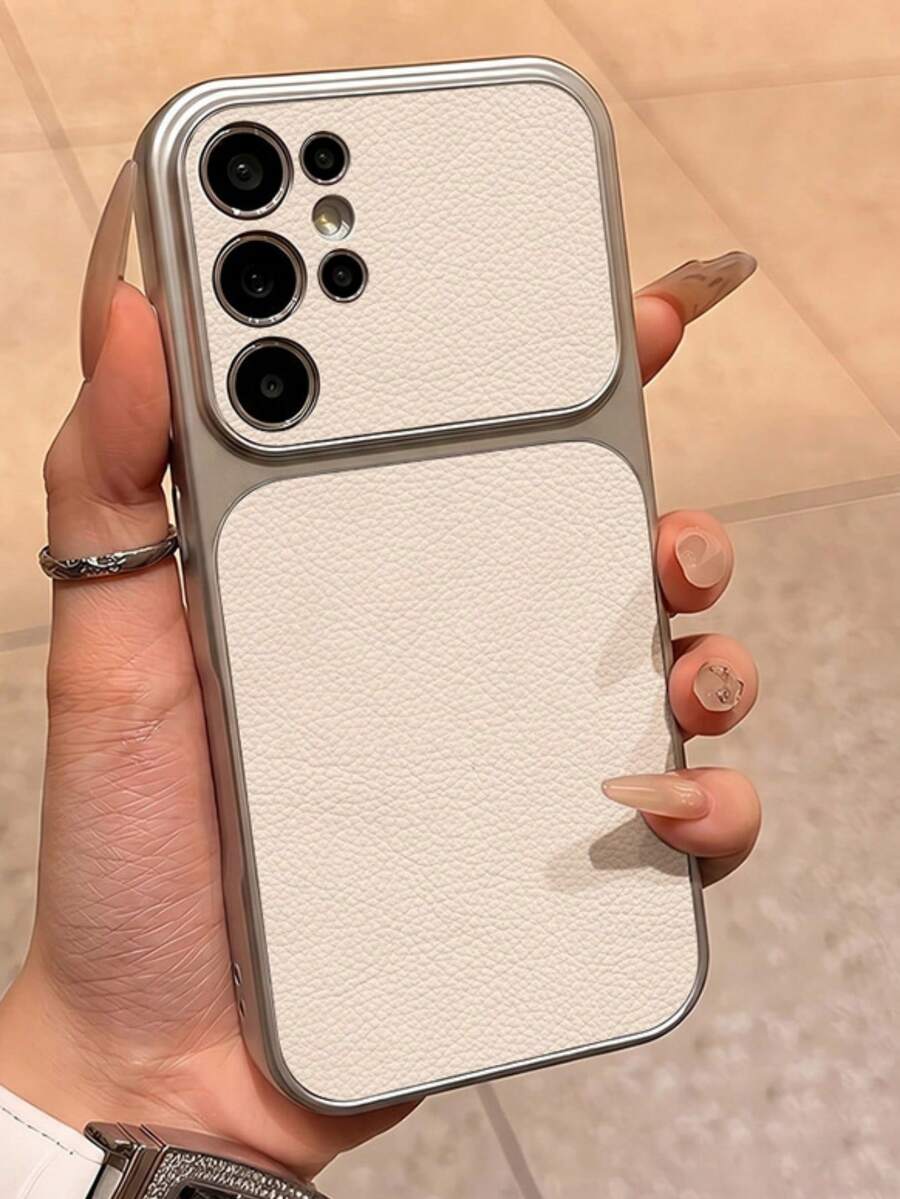 奢華荔枝紋皮革軟質防震手機殼，適用於 Galaxy S26 Ultra S25 Ultra S24 Ultra S23 Ultra S22 Ultra，大窗設計，銀色邊緣電鍍保護殼