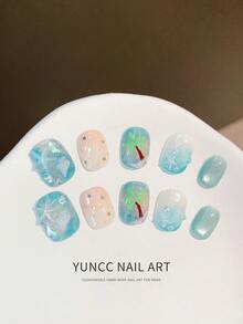 10Pcs Handmade Short Square Press On Nails Summer Ocean Beach Style Blue Gradient Cat Eye False Nails With 3D Starfish Seashell Coconut Tree Pearl Glitter Design Reusable Gel Nail Stickers For Vacation Daily Manicure - Multicolor - View 2