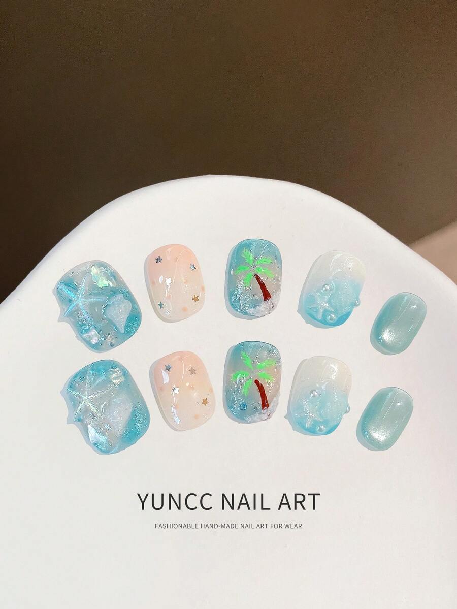 10Pcs Handmade Short Square Press On Nails Summer Ocean Beach Style Blue Gradient Cat Eye False Nails With 3D Starfish Seashell Coconut Tree Pearl Glitter Design Reusable Gel Nail Stickers For Vacation Daily Manicure