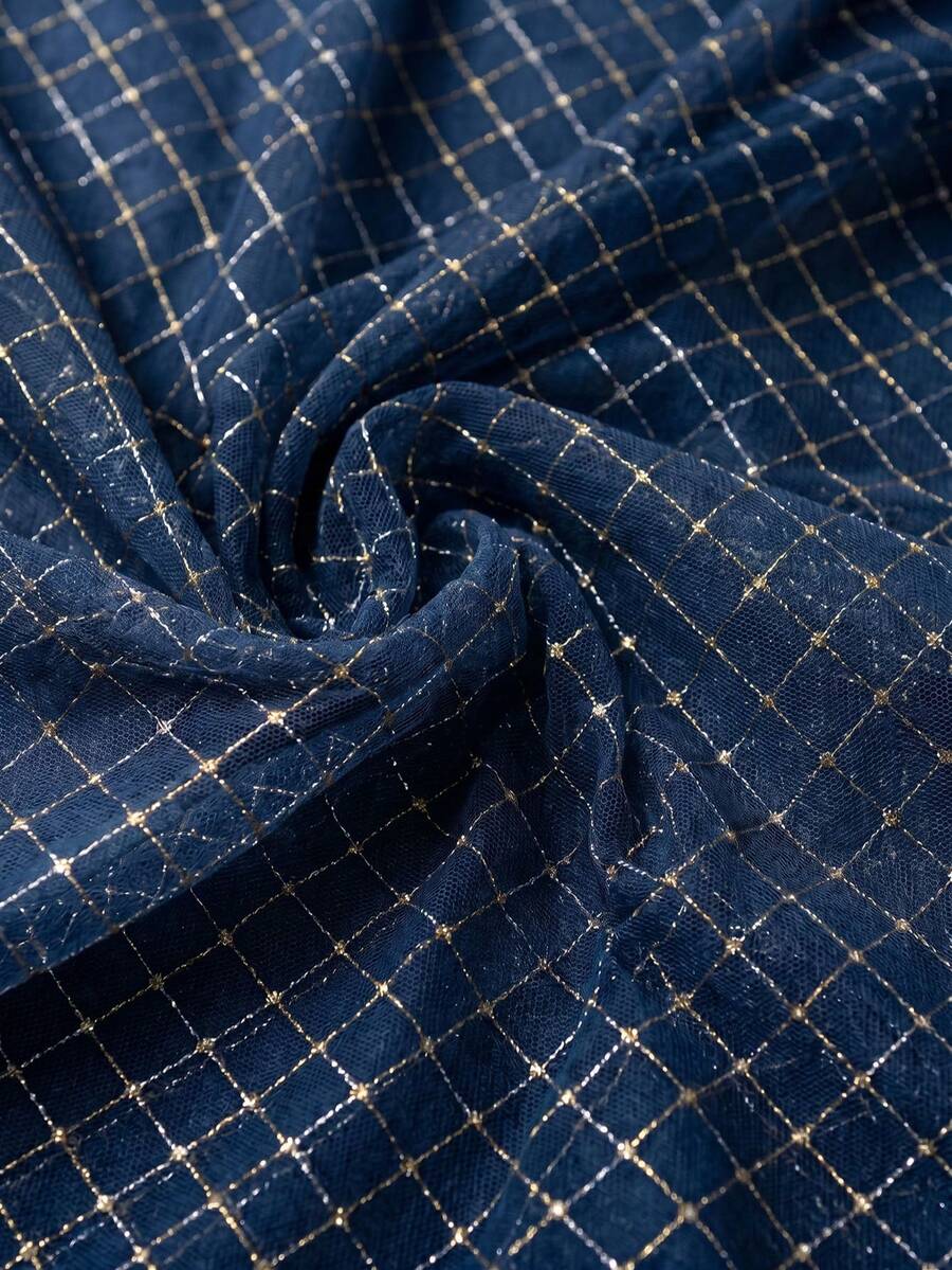HHMC 50cm/1yd/3yd/5yd 海軍藍金色亮片鑽格紋薄紗布料,柔軟半透明網布,寬150cm,優雅DIY紡織品,適用於晚禮服、派對洋裝、新娘面紗與裝飾窗簾 - 1 - 查看 1
