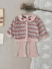 Bộ 2 món cho bé gái gồm áo cardigan tay dài cổ Peter Pan họa tiết jacquard hình trái tim và quần ống loe, trang phục thường ngày - Hồng - Xem 4