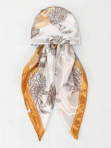 1件裝女款棕色花卉印花易穿戴頭巾帽，印花緞面彈性頭巾，方便佩戴 - 咖色 - 查看 4