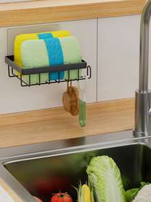 Drill-Free, Self-Adhesive Draining Storage Rack Suitable For Kitchen Sinks And Bathrooms. It Holds Cleaning Sponges, Cloths, And Soap, While Side Hooks Allow For Hanging Brushes And Peelers-Or Bathroom Items Like Hair Ties And Bath Poufs. - Black - View 4