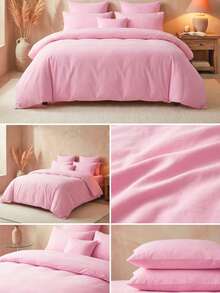 Solid Color Skin-Friendly Brushed Duvet Cover Set 3pcs (1*Duvet Cover + 2*Pillowcases, No Filling), Machine Washable, All Season, Suitable For Bedroom, Soft And Comfortable - Baby Pink - View 6
