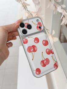 1pc Fashion Creative Full-Screen Red Cherry Pattern Electroplated Silver Leather Puffy Phone Case Compatible With Apple XS/XS Max/XR/11/12/13/14/14 Plus/15/15 Plus/16 Pro/16 Pro Max/17 Pro Max Series, Shockproof, Camera Protection, Holiday Gift, Suitable For Men And Women Couples - Multicolor - View 4
