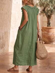 Women's Green Bohemian V-Neck Sleeveless Ruffle A-Line Dress, Summer Casual Vintage Dress - Army Green - View 2