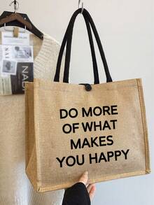 大容量亞麻托特包，飾有「DO MORE OF WHAT MAKES YOU HAPPY」字母圖案，便攜大容量購物袋，亞麻手柄手提包，多功能收納袋，個性化禮品袋，適用於旅行、購物、度假、返校、派對等場合，教師節、生日、返校季、週年紀念、節日禮物、派對活動禮物的最佳伴侶選擇 - 彩色 - 查看 7