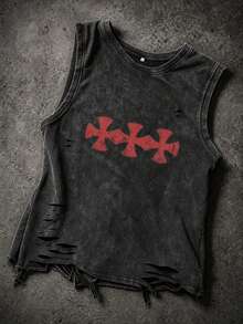Vintage Wash Distressed Tank Top - "SAINT Curses" 000 Number Graphic Tank For Men - Black - View 1