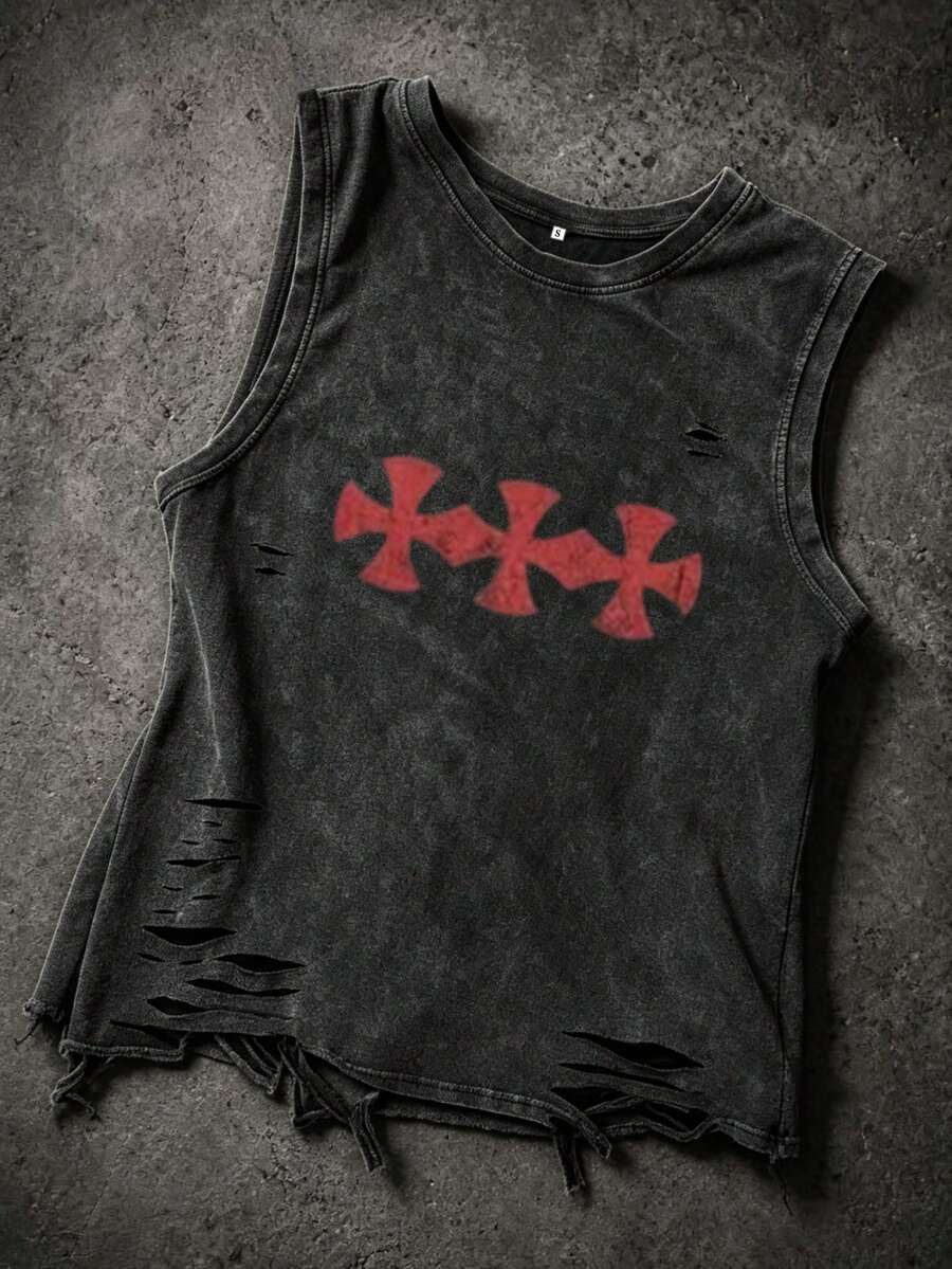Vintage Wash Distressed Tank Top - "SAINT Curses" 000 Number Graphic Tank For Men - Black - View 1
