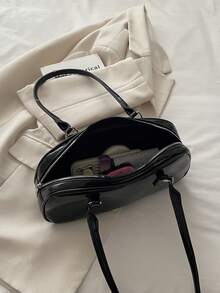 1 pieza Bolso de mano negro de PU liso con cierre de hebilla anular, versátil, casual, de unicolor, minimalista, nuevo de nicho para verano, adecuado para uso diario de mujeres - Negro - Ver 8