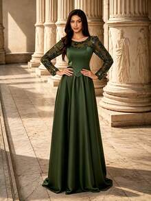 Summer/Fall Elegant 2 In 1 Long Sleeve Mesh Sequin Embroidery Illusion Satin Formal A‑Line Evening Maxi Dress For Party Wedding Festival - Army Green - View 4