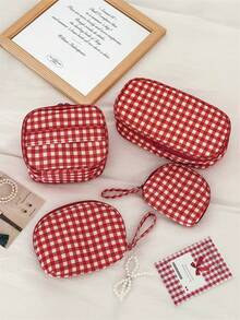 1pc/Set Vintage Red Plaid Mini Makeup Bag, Multi-Compartment Portable Cosmetic Storage Bag, Handheld Lipstick Organizer, Suitable For Travel And Daily Use - Red - View 12