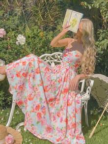 MOD Pflanzenmuster bedrucktes plissiertes Cami-Kleid,Pastellfarbene Kleider für Frauen - Babyblau - Übersicht 1