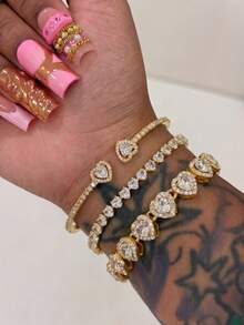 Stainless Steel 18K Gold Diamond Heart-Shaped Bracelet Set, 14K Gold Cubic Zirconia Open Cuff Bracelet, Fashionable Women's Daily Wear, Holiday Gift - Gold - View 10