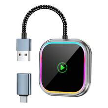 Adaptador inalámbrico CarPlay para coche, caja de conexión automática de cableado a inalámbrico, compatible con todos los smartphones, admite navegación, reproducción de música, adaptador de interconexión de unidad principal de coche con luz cuadrada de colores, plug and play, interfaz dual tipo C - A - Ver 6