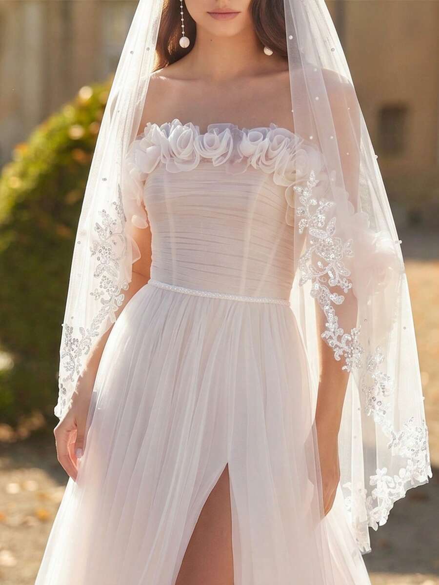 Bridal Lace Trim Pearl Short Veil, Wedding Dress Headpiece For Marriage Registration And Photography, Atmospheric Hair Accessory