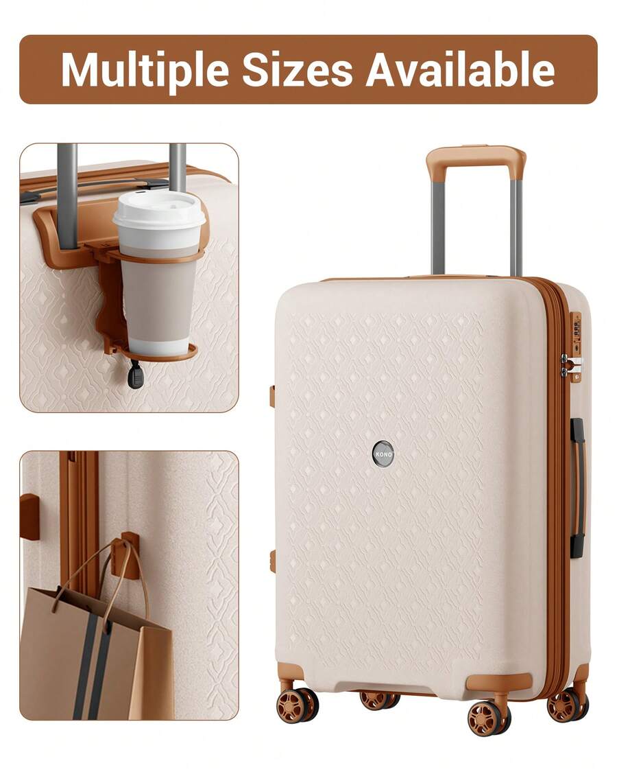 Carry On Suitcase Small 20 Inch Cabin Luggage Medium 24 Inch Large 28 Inch PP Hard Shell Expandable Lightweight TSA Lock Cup Holder 3 Piece Set Beige
