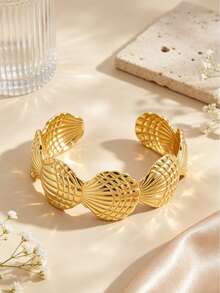 2PCS Coastal Vacation Style Shell-Shaped Open Stainless Steel Women's Jewelry Set, Suitable For Outings, Vacations, Beach Parties, Or Summer Gifts For Friends - Yellow Gold - View 7
