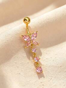 1pc Stainless Steel Belly Piercing Jewelry, Pink Rust-Proof Luxury Fashion Heart Butterfly Zirconia Inlaid, Suitable For Beach Party And Daily Wear - Yellow Gold - View 4