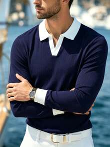 New Men's Casual Comfortable Knitted Long Sleeve Polo Shirt, Versatile For Daily Wear - Navy Blue - View 4