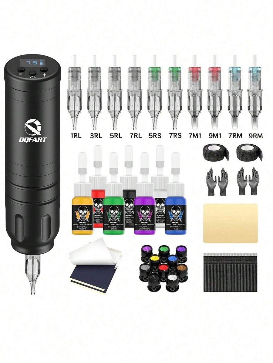 Wireless Tattoo Gun Set With 1500mAh Battery, All-In-One Tattoo Machine Kit. Includes 10 Tattoo Needles, 7 Bottles (5ml) Tattoo Ink And A Complete Tattoo Pen Set, Suitable For Beginners And Artists.