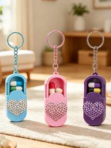 Portable Pill Box With Keychain, Portable Slide-Out Small Pill Box With Heart Pattern, Pill Storage Box For Office Workers, Travel Medicine Storage Box, Pocket Pill Box, Compact Small Pill Box, Daily Pill Storage Container, Waterproof Pill Box With Keychain Chain, Home Essential, Suitable For Work, Travel, School - Multicolor - View 2