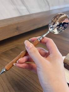 1pc Wood Grain Handle Stainless Steel Round Head Long Handle Spoon, Household Rice Spoon, Soup Spoon, Tea Spoon, Dessert Spoon - View 5