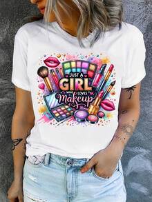 Camiseta de una pieza con estampado cosmético colorido, ideal para quien ama el maquillaje, camiseta con diseño de brochas de maquillaje y labiales, u - Negro - Ver 1