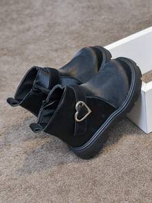1 Pair Girls' Heart Buckle Boots, New Spring/Autumn Fashion Buckle Princess Boots, Korean Style Versatile Fashion Ankle Boots - Black - View 10