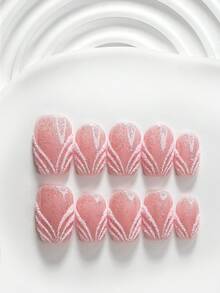 10片裝休閒風手工穿戴甲，Polygel美甲套組，紋理線條設計，亮粉色指甲，柔美優雅風格，附美甲工具，3種尺寸可選：方形、短方形、杏仁形，適合派對、跳舞、日常配戴 - 彩色 - 查看 12