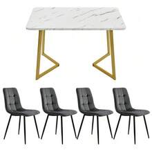 Mesa de comedor de 117 cm con 4 sillas, mesa de comedor rectangular, conjunto de mesa de cocina moderna, silla de comedor de terciopelo gris oscuro, patas de mesa doradas - Gris - Ver 4