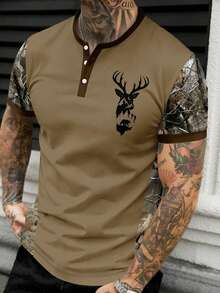 Men's Summer Fashion Versatile Deer Head Camouflage Patchwork Print Button Short Sleeve T-Shirt - Multicolor - View 5