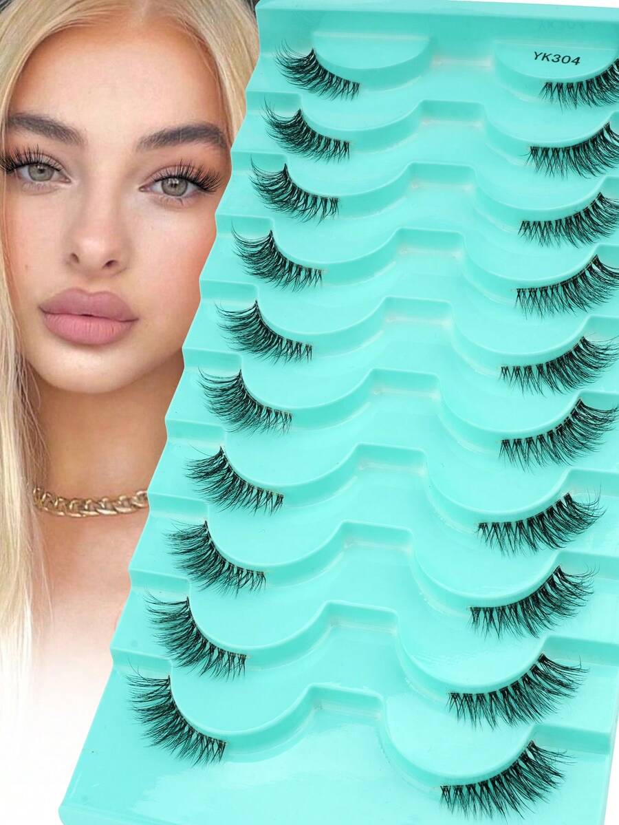 10 Pairs Half-Eye 3D Faux Mink Natural Fluffy Transparent Stem False Eyelashes For Women, Suitable For Daily Wear, Eye-Tail Lengthening Eyelash Pack - 黑色 - 查看 1