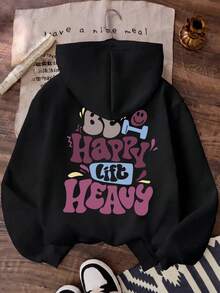 Women's Loose Hooded Sweatshirt, Printed With "BE HAPPY LIFT HEAVY" Pattern Double-Sided Print, Long Sleeve Pullover, With Pockets And Drawstring, Streetwear Style. - Black - View 2