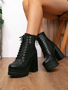 Black Thick Sole Chunky Heel Boots Women British Style Lace-Up Side Zipper Height-Increasing Ankle Boots - Black - View 2