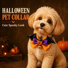 2pcs Bow Knot Bell Dog Collar, Pumpkin & Bat Design, Adjustable Halloween Pet Costume Accessory For Small To Medium Cats And Dogs - Multicolor - View 2