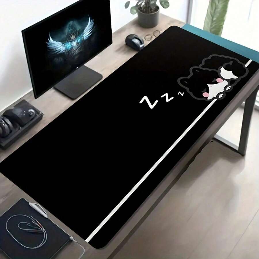 A Large Gaming Mouse Pad Featuring A Cute Black And White Sleeping Design On A Black Background.It Has A Non-Slip, Washable Rubber Base And Is A Spacious Desk Suitable Office Use.This Mouse Pad Is Computer Decoration - Mouse Pad - View 1