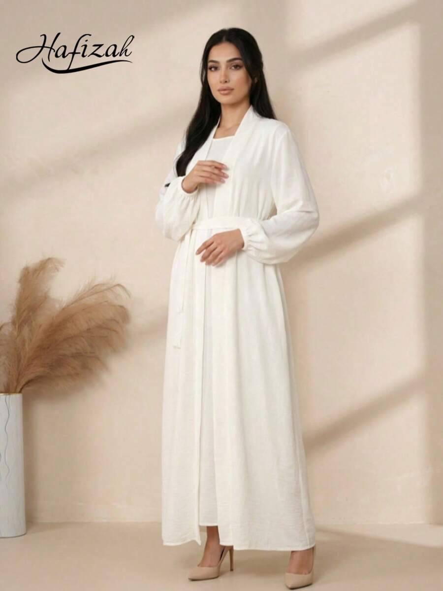 Hafizah 女款純色和服風阿拉伯式長袍與長裙套裝,不含頭巾 - 白色 - 查看 1