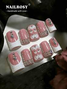 10pcs Handmade Press On Nails Kit | Glam Rhinestone Quilted French Tip Mauve Pink White Crystal Bridal Fake Nails - Nailrosy Short Duck Flare Shape | Gift Box Included For Wedding Birthday Party - Pink - View 10