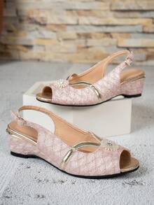 Women's Shiny Lace Peep Toe Wedge Sandals With Rhinestone Sunflower Decor And Adjustable Ankle Strap, Versatile For Party, Commute And Summer Wear - Pink - View 7