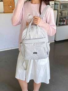 Fashionable Versatile Solid Color Nylon Fabric Student Backpack, Women's Mini Water-Resistant Campus Daily Backpack, Suitable For High School And College Students, Compact Travel Shoulder Bag, Waterproof Business Commute Backpack, Multi-Pocket Functional Backpack, Back To School Essential, Student University Bag - White - View 3