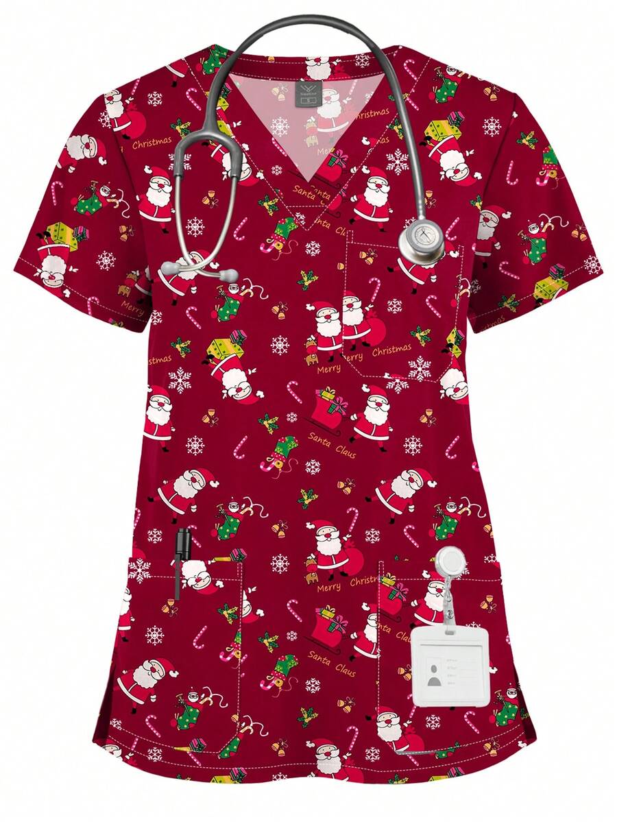 Camisa de uniforme navideño con estampado de dibujos animados, ropa de trabajo suave, top de manga corta, camiseta tipo scrub para doctor y enfermera, otoño - Multicolor - Ver 1