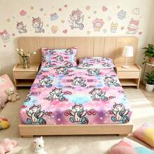 3pcs Princess Style Pink-Blue Gradient Unicorn Pattern Printed Bedding Set (1 Fitted Sheet + 2 Pillowcases, Pillow Inserts Not Included), 90g Soft Polyester Fiber Breathable Mattress Protector, Quick-Dry Water-Resistant Non-Fading, High Elasticity Non-Slip Washable Fitted Sheet Suitable For Apartment Dorm, Home Bedroom Decor - Multicolor - View 3