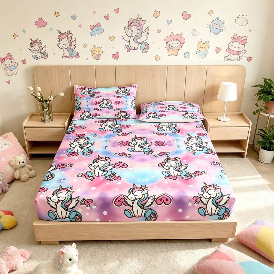 3pcs Princess Style Pink-Blue Gradient Unicorn Pattern Printed Bedding Set (1 Fitted Sheet + 2 Pillowcases, Pillow Inserts Not Included), 90g Soft Polyester Fiber Breathable Mattress Protector, Quick-Dry Water-Resistant Non-Fading, High Elasticity Non-Slip Washable Fitted Sheet Suitable For Apartment Dorm, Home Bedroom Decor - Multicolor - View 1