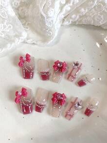 10 piezas de uñas postizas cortas estilo ataúd hechas a mano para el Día de San Valentín, diseño rosa dulce con degradado francés rosa, cadena de perlas, lazo y gema, acabado brillante, suministros de arte de uñas - Rosa - Ver 1