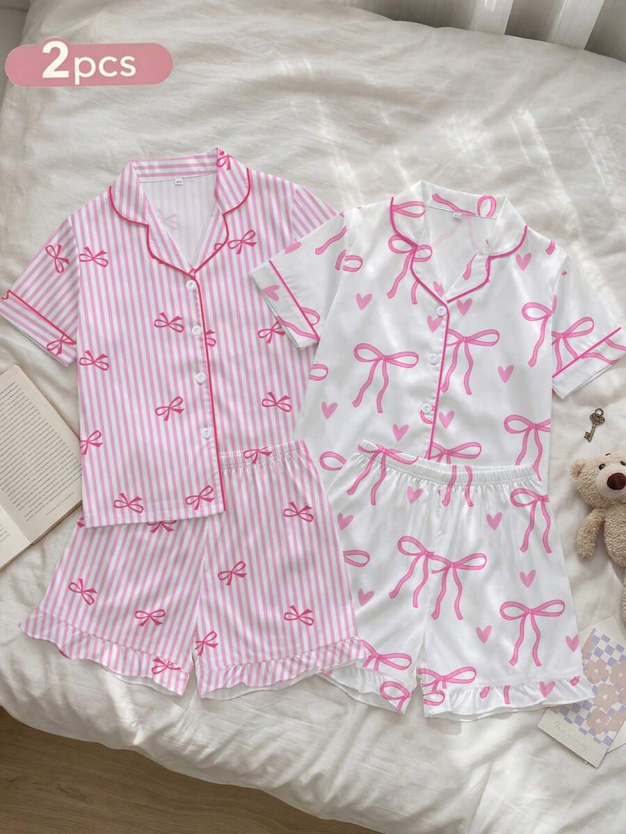 4件組女孩粉色條紋蝴蝶結睡衣家居服套裝，新款阻燃布料休閒舒適翻領開襟短袖短褲，粉色甜美蝴蝶結印花，兒童中大童女孩，日常穿著可外穿派對，兒童日常禮物休閒睡衣套裝 - 彩色 - 查看 1