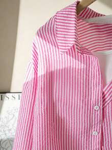 1pc Girls' Turn-Down Collar Asymmetric Shoulder 2-In-1 Vertical Striped Long Sleeve Shirt, Suitable For Daily Casual And Back To School Occasions, Spring/Autumn - Pink - View 4