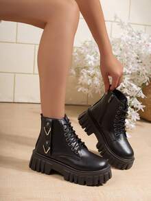 Women's Fashion Round Toe Lace-Up Autumn/Winter Plus Size Vintage Black Side Zipper Slip-On Thick Sole Ankle Boots Versatile Boots - Black - View 4